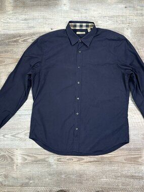Burberry Women Size XL Navy Button Up Shirt Plaid Neckline and Cuffs PREOWNED